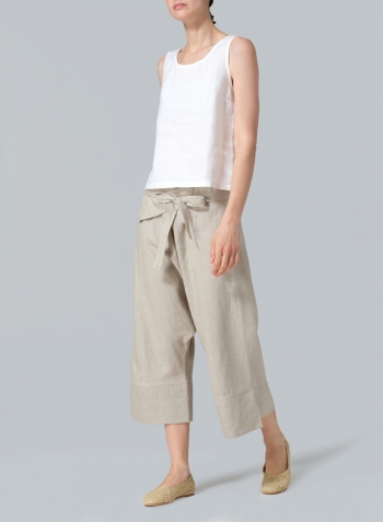 Oat Linen Tie Waist Cropped Loose Pants