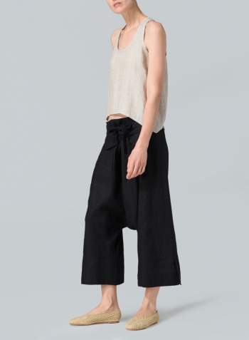 Black Linen Tie Waist Cropped Loose Pants