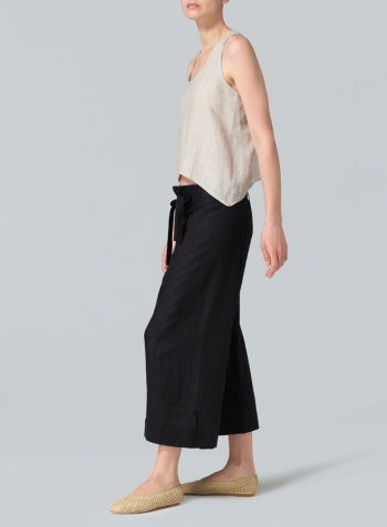 Black Linen Tie Waist Cropped Loose Pants