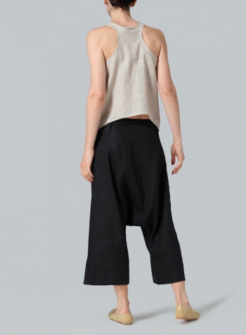 Black Linen Tie Waist Cropped Loose Pants