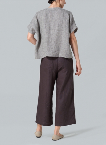 Khaki Gray Weave Linen Dolman Short Sleeve Box Top