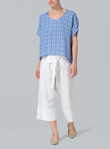 White/Blue Checked Linen Dolman Short Sleeve Box Top