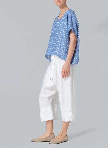 White/Blue Checked Linen Dolman Short Sleeve Box Top