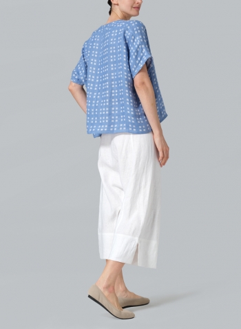 White/Blue Checked Linen Dolman Short Sleeve Box Top