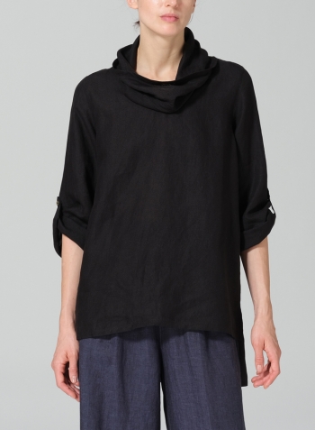 Black Linen Cowl Neck Rolled Sleeve Loose Top