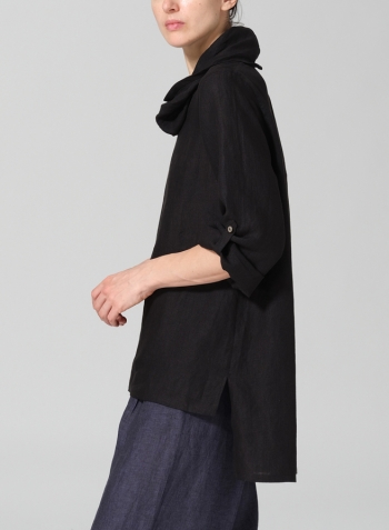 Black Linen Cowl Neck Rolled Sleeve Loose Top