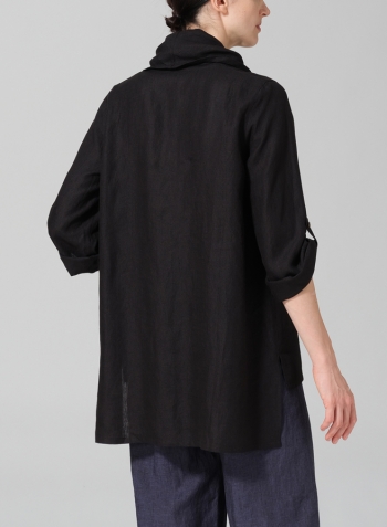 Black Linen Cowl Neck Rolled Sleeve Loose Top