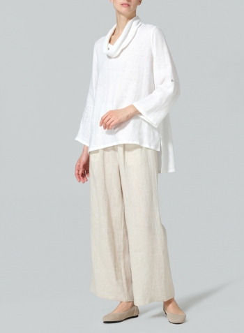 White Linen Cowl Neck Rolled Sleeve Loose Top