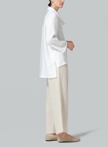 White Linen Cowl Neck Rolled Sleeve Loose Top