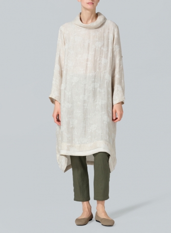 Jacquard Oat Linen Rolled Sleeve Cowl Neck Long Tunic