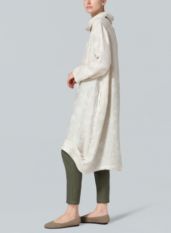 Jacquard Oat Linen Rolled Sleeve Cowl Neck Long Tunic