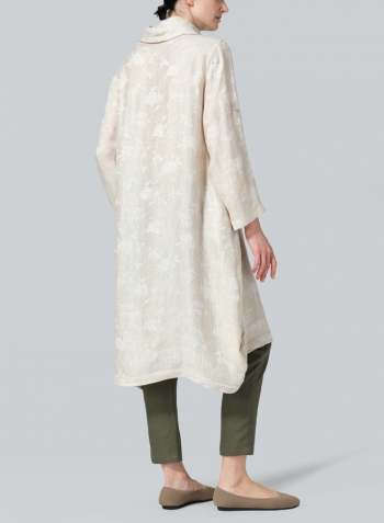 Jacquard Oat Linen Rolled Sleeve Cowl Neck Long Tunic