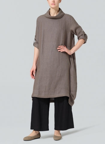 Dark Khaki Green Linen Rolled Sleeve Cowl Neck Long Tunic