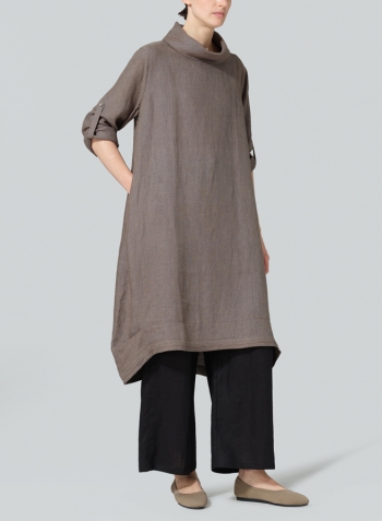 Dark Khaki Green Linen Rolled Sleeve Cowl Neck Long Tunic