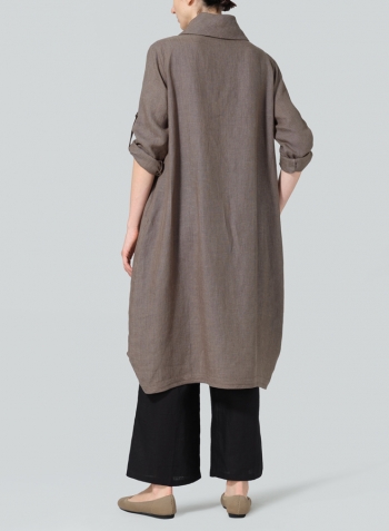 Dark Khaki Green Linen Rolled Sleeve Cowl Neck Long Tunic