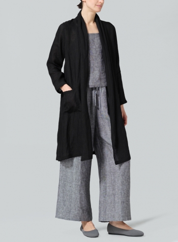 Black Linen Open-Front Shawl Collar Jacket Set