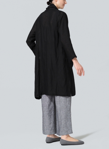 Black Linen Open-Front Shawl Collar Jacket Set