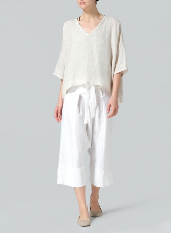 Oat Linen Loose Deep V-Neck Top Set