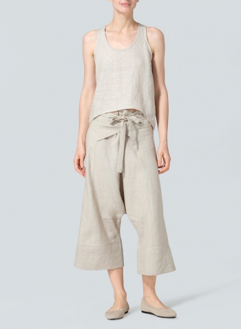 Oat Linen Tie Waist Cropped Loose Pants