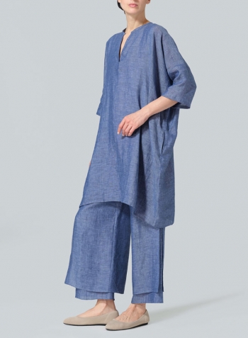 Azure Blue Linen Wide A-line V-neck Mandarin Collar Tunic Set