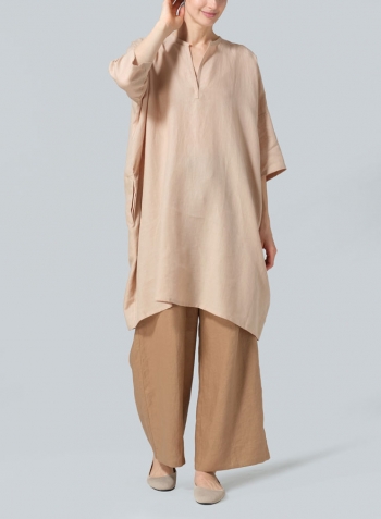 Beige Linen Wide A-line V-neck Mandarin Collar Tunic