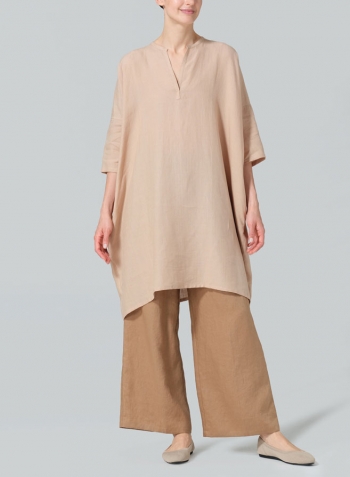 Beige Linen Wide A-line V-neck Mandarin Collar Tunic