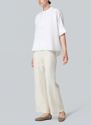 White Linen Mandarin Collar Boxy Shirt