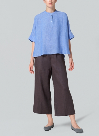 Cerulean Blue Linen Mandarin Collar Boxy Shirt