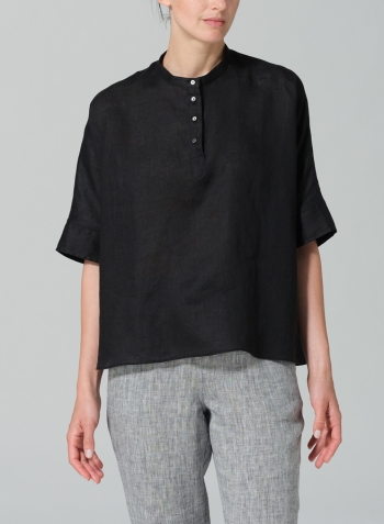 Black Linen Mandarin Collar Boxy Shirt