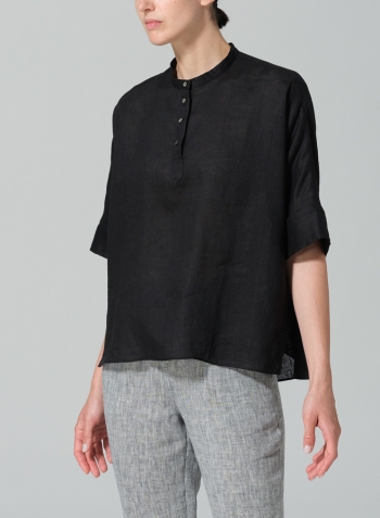 Black Linen Mandarin Collar Boxy Shirt