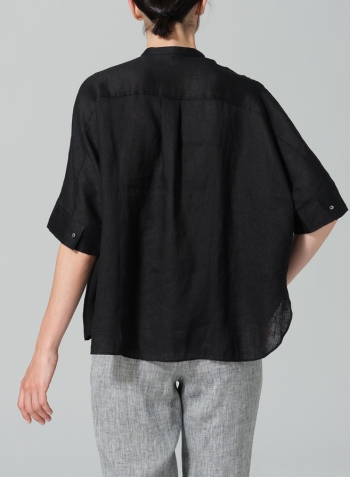 Black Linen Mandarin Collar Boxy Shirt