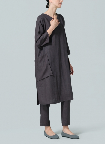 Graphite Linen A-shape Patch Pockets Tunic Dress