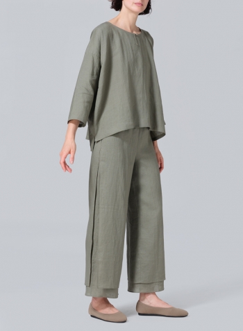 Dark Khaki Linen Wide Round Neck Dropped Shoulder Top