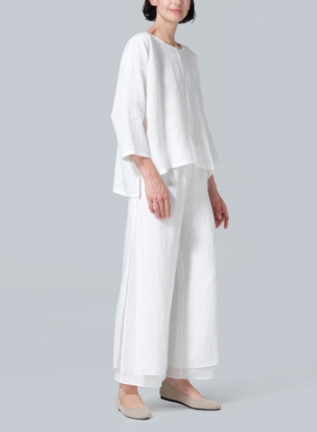 Soft White Linen Wide Round Neck Dropped Shoulder Top