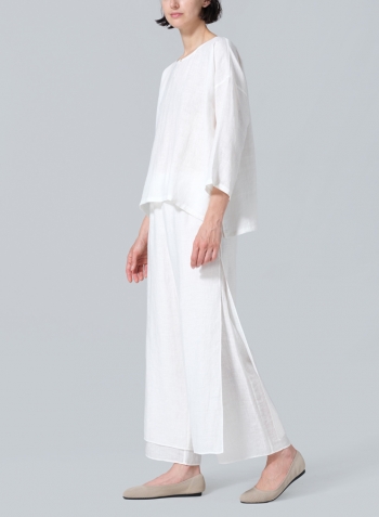 Soft White Linen Wide Round Neck Dropped Shoulder Top