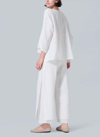 Soft White Linen Wide Round Neck Dropped Shoulder Top