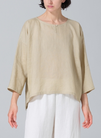 Light Khaki Linen Wide Round Neck Dropped Shoulder Top