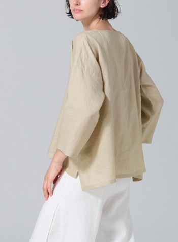 Light Khaki Linen Wide Round Neck Dropped Shoulder Top