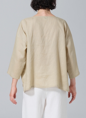 Light Khaki Linen Wide Round Neck Dropped Shoulder Top