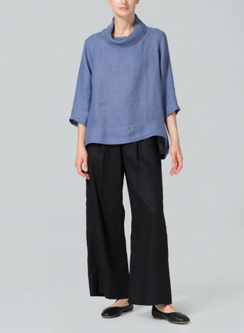 Blue Linen Cowl Neck Curved Hem Top