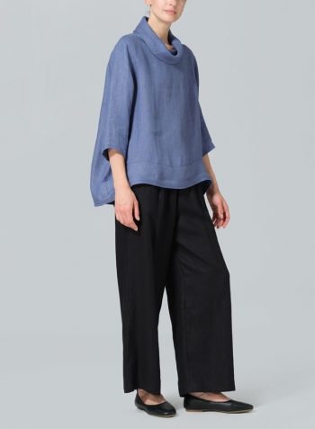 Blue Linen Cowl Neck Curved Hem Top