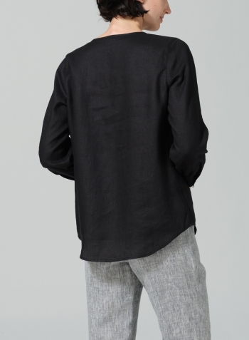 Black Linen Round Neck Long Sleeve Shirt