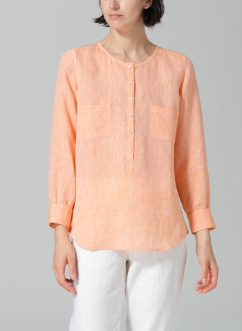Sun Orange Linen Round Neck Long Sleeve Shirt
