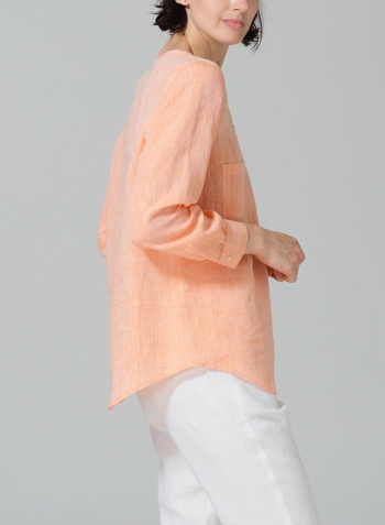 Sun Orange Linen Round Neck Long Sleeve Shirt