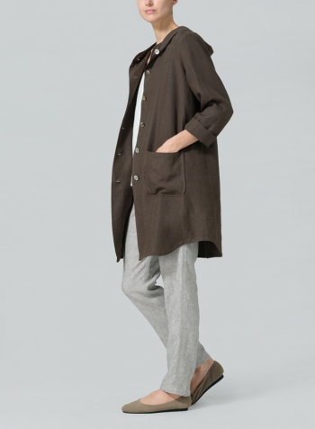 Dark Olive Brown Linen Button-Up Hooded Tunic