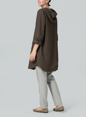 Dark Olive Brown Linen Button-Up Hooded Tunic