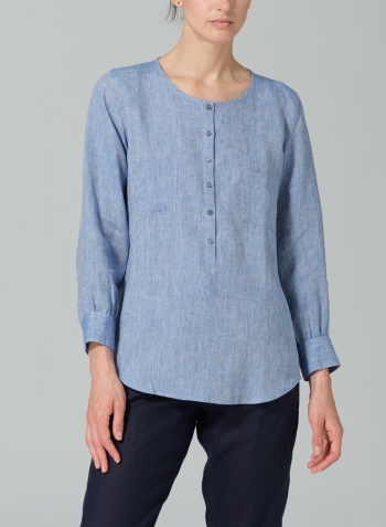 Two Tone Blue White Linen Round Neck Long Sleeve Shirt