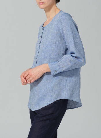 Two Tone Blue White Linen Round Neck Long Sleeve Shirt