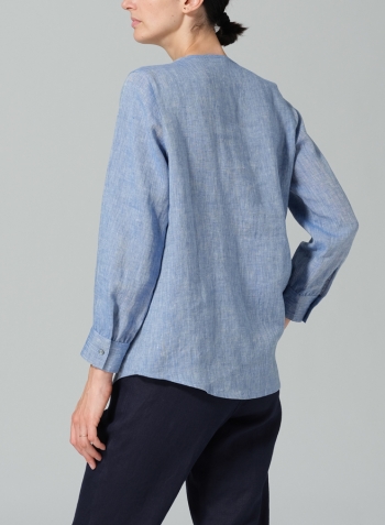 Two Tone Blue White Linen Round Neck Long Sleeve Shirt