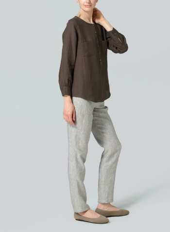 Dark Olive Brown Linen Round Neck Long Sleeve Shirt